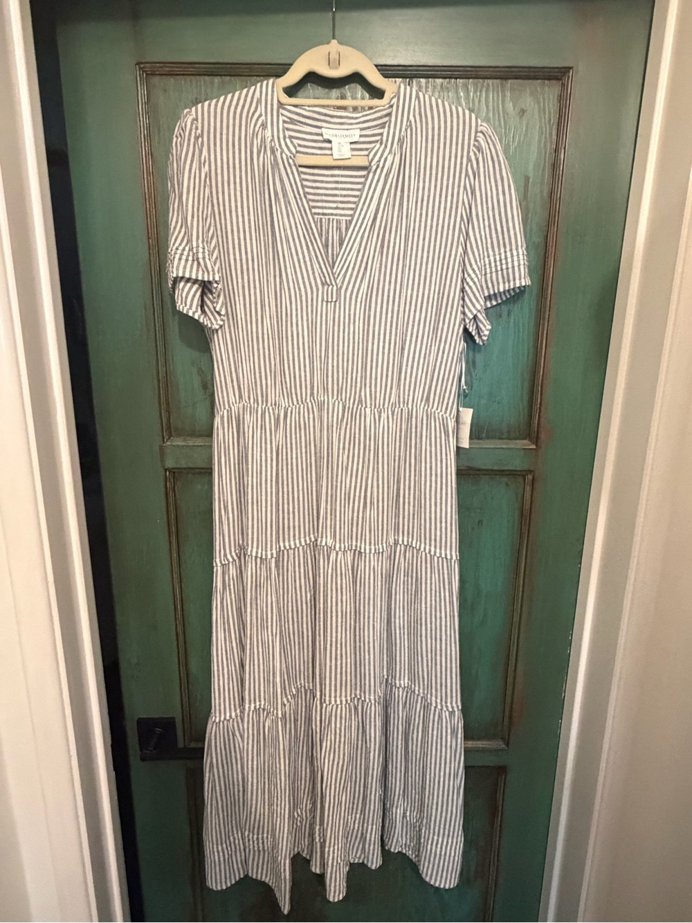 Cynthia Rowley Blue and White Striped V-Neck Tiered Maxi Dress
